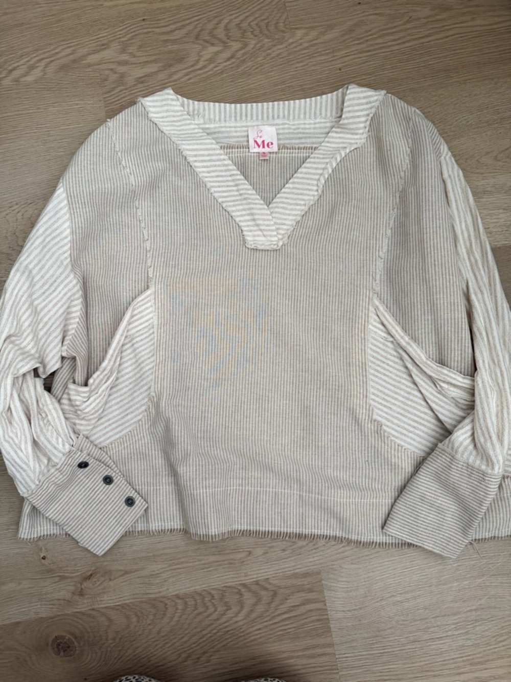 So Me Beige Striped V-Neck Blouse